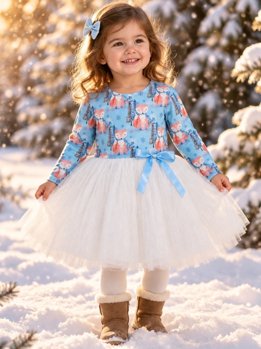 Pete & Lucy Blue Fox Print Tulle Skirt Casual Dress for Kids Sz 3t